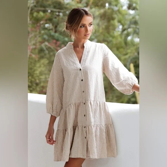 Petal & Pup Cream Checkered Mini Dress - Picture 1 of 6